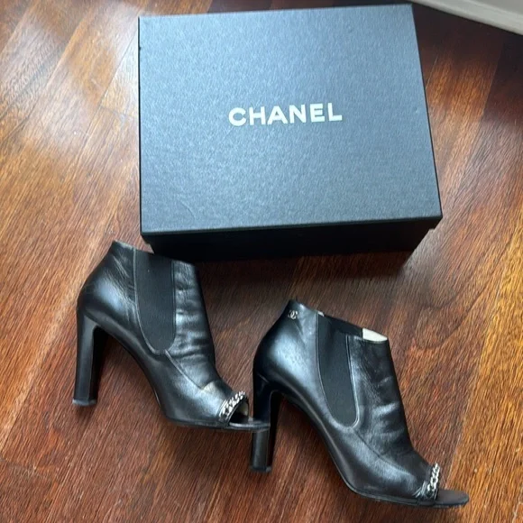 Chanel Women's Chain Peep Open Toe Booties Leather Black Lambskin